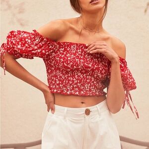 Lulus Summertime Sweetness Red Floral Print Smocked Puff Sleeve Top NWT